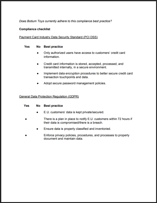 Controls and compliance checklist two